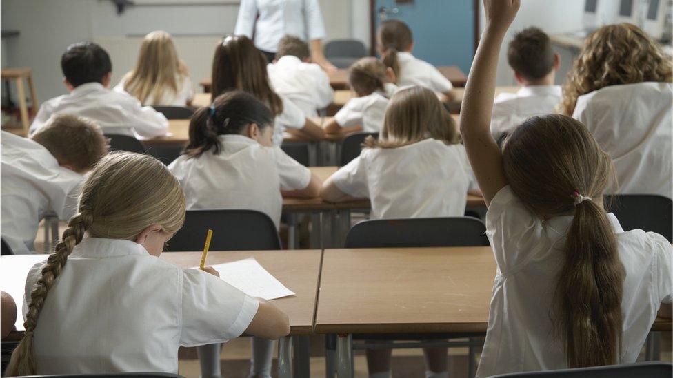 Girl (8-10) raising hand in classroom, rear view - stock photo