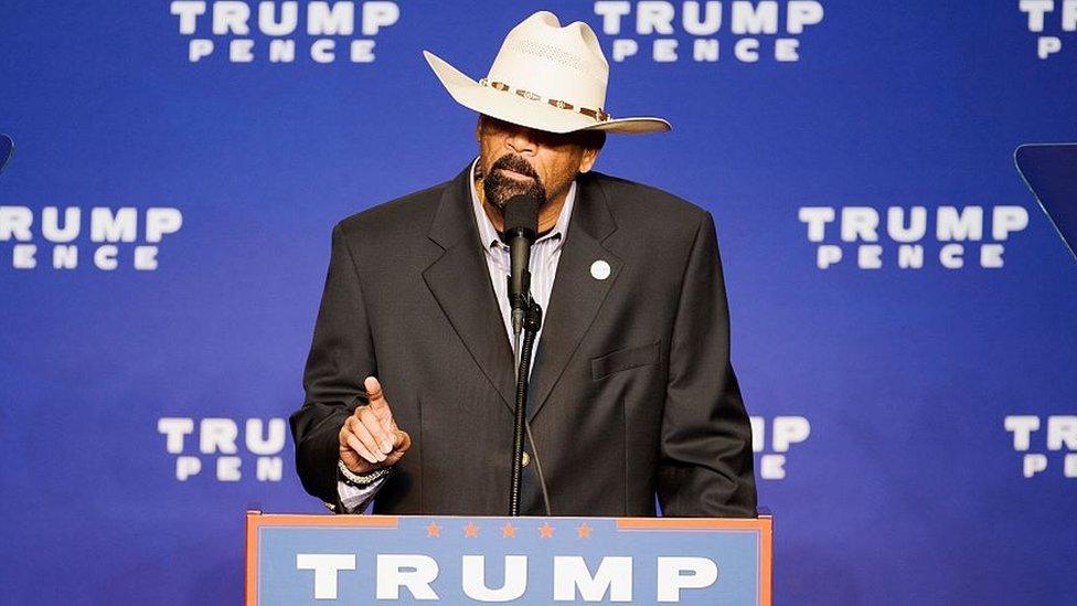 Milwaukee County Sheriff David Clarke speaking at a campaign event for Donald Trump.