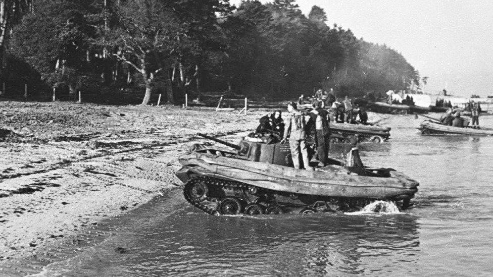 Valentine tanks coming ashore at Stokes Bay