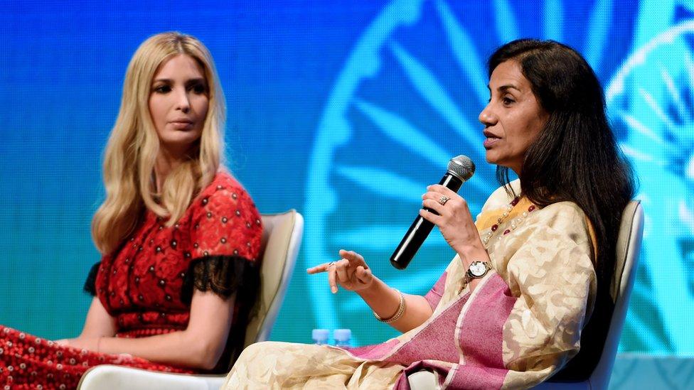 Advisor to the US President Ivanka Trump (L) looks on as Chanda Kochhar, Managing Director and CEO of ICICI bank limited speaks during a panel discussion at the Global Entrepreneurship Summit at the Hyderabad convention centre (HICC) in Hyderabad on November 29, 2017