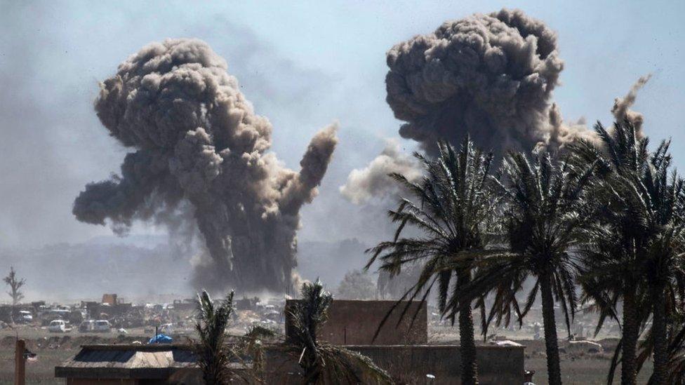 Aftermath of air strike in Baghuz on 18 March 2019.