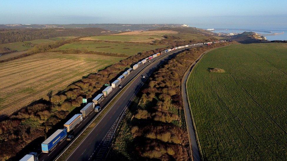 Lorries queue for the Port of Dover in Kent, 11 January 2022