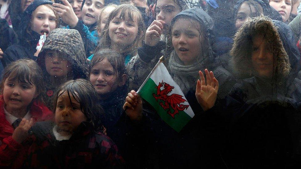 Children looked through a marquee window to see the duke and the Queen at the Diamonds In The Park festival in Glanusk Park in April 2012