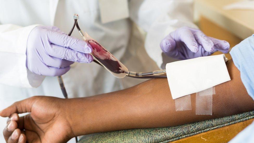 Nurse checking bag of blood while patient gives donation