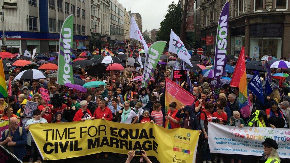 Thousands of people took part in a protest march and rally in Belfast, calling for the legalisation of same-sex marriage. July 2017.