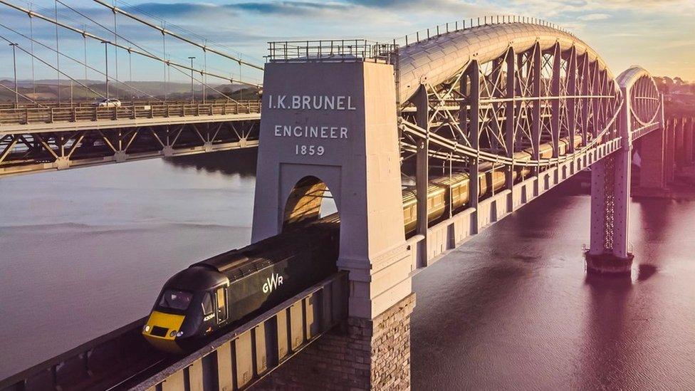 Train on the Royal Albert Bridge, which spans the River Tamar