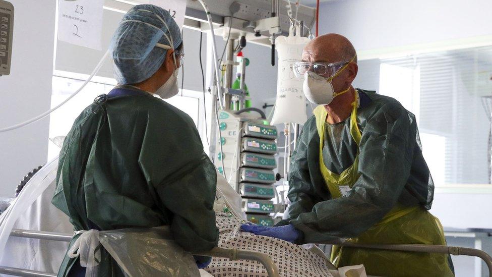 Doctors in the intensive treatment unit of Frimley Park Hospital in Surrey