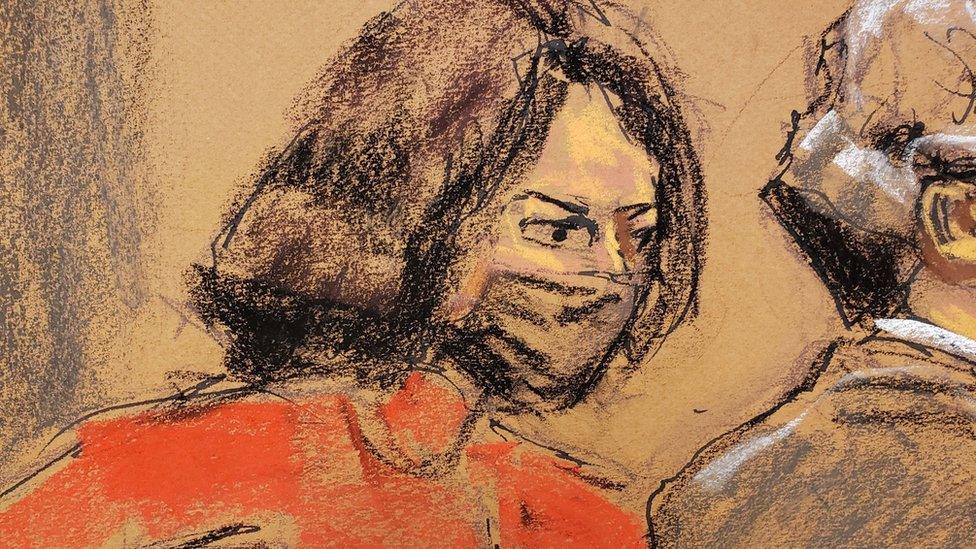 Ghislaine Maxwell passes notes to her defense attorney Jeffrey Pagliuca during the trial of Maxwell, the Jeffrey Epstein associate accused of sex trafficking, in a courtroom sketch in New York City, U.S.