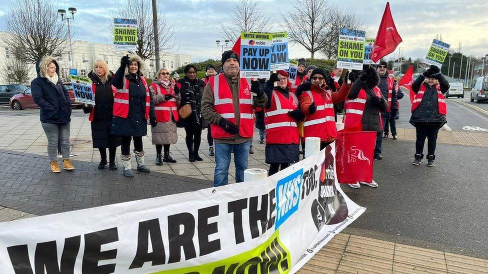 Workers from Unite on the picket line at Russells Hall hospital