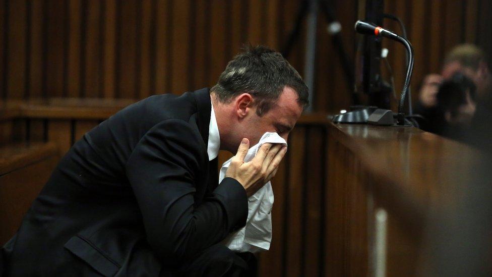 Oscar Pistorius weeps as he listens to evidence by a pathologist in court in Pretoria, South Africa, Monday, April 7, 2014.