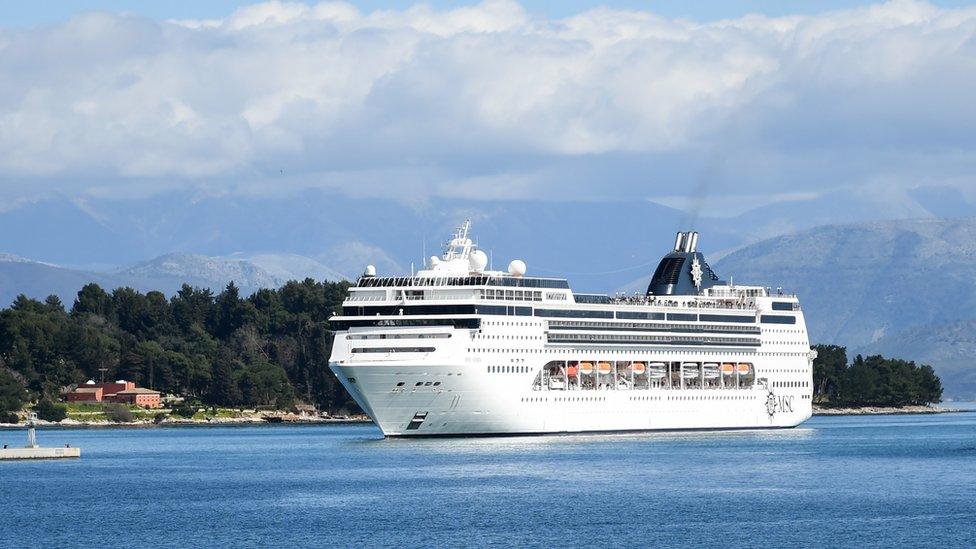 The MSC Opera cruise ship approaches the port of the island of Corfu, Greece, 5 March