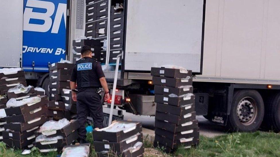 Police officer with lorry and boxes of grapes