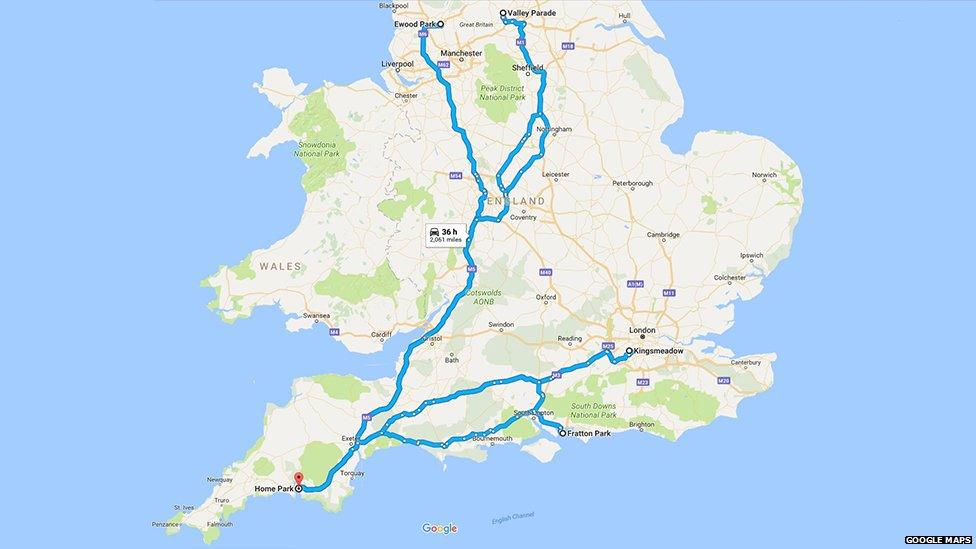 A map of the journeys of Jack's last four away games