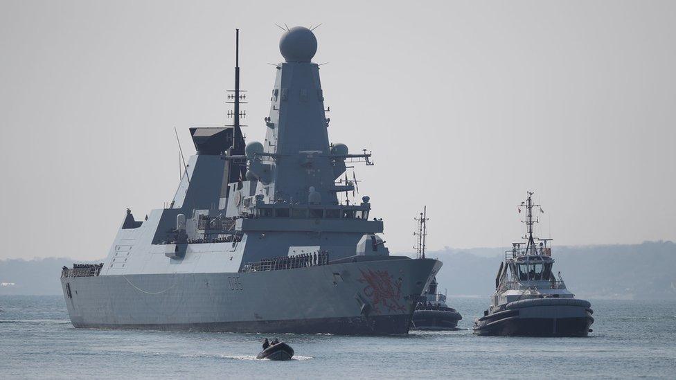 HMS Dragon returning to Portsmouth on 12 April 2019