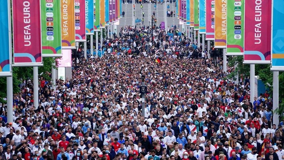 Fans leaving Wembley Stadium after the England v Germany game in Euro 2020