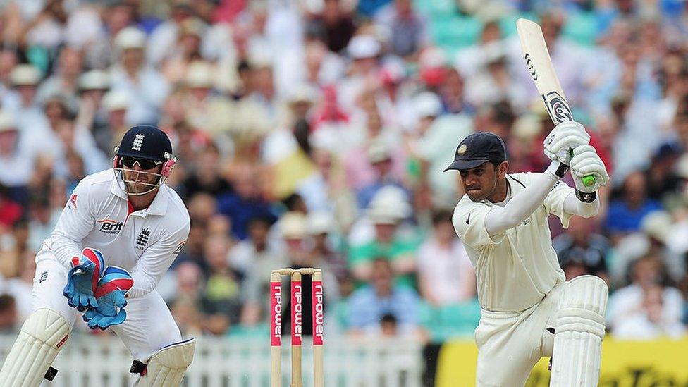 Rahul Dravid of India hits out watched by wicketkeeper Matt Prior of England during day four of the 4th npower Test Match between England and India at The Kia Oval on August 21, 2011 in London, England