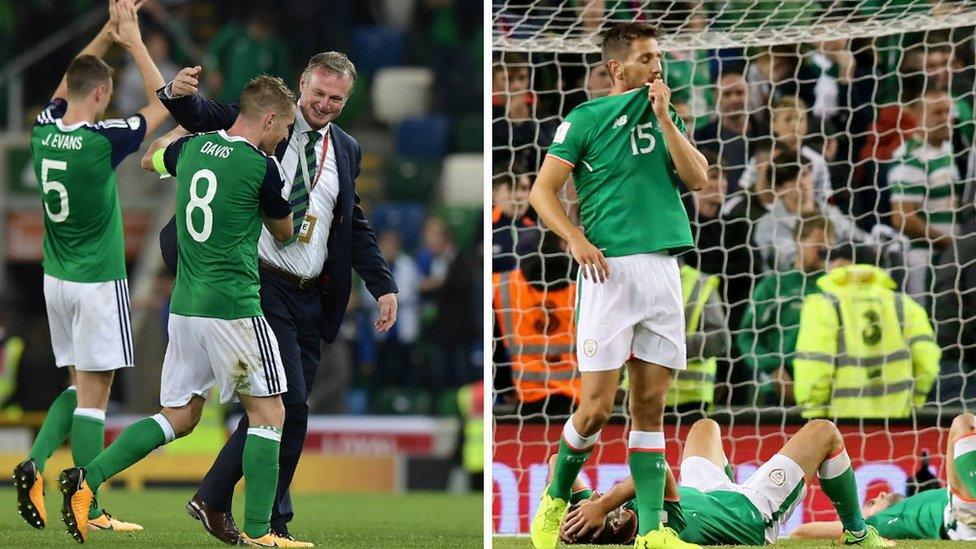 Northern Ireland players celebrate, Republic of Ireland players commiserate after recent games