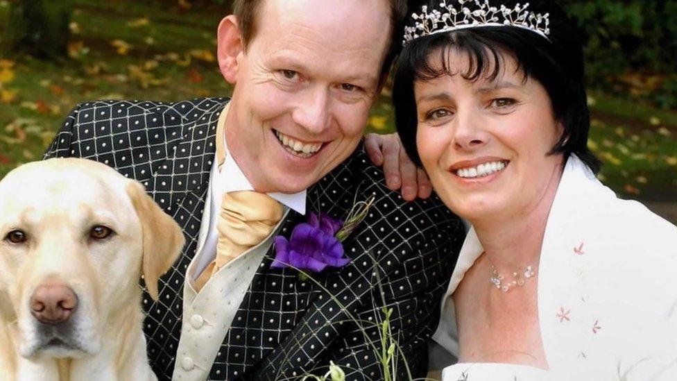 Allen and Sandra Parton with Endal the dog on their second wedding day