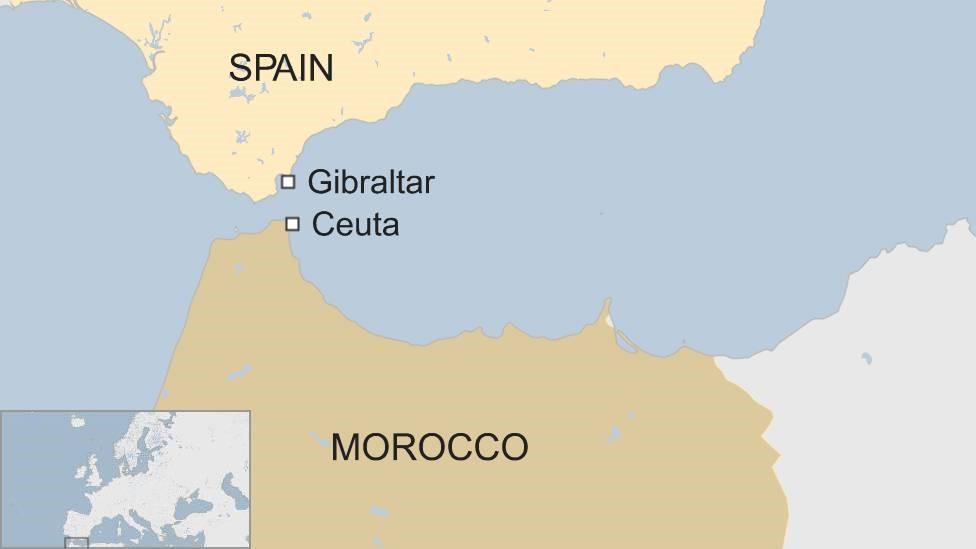 A map showing where Spain, Ceuta and Morocco are