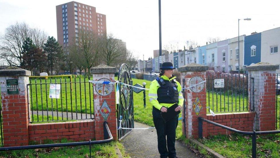 Police at Rawnsley Park near to the scene in the St Philips area of Bristol where a 16-year-old boy died after being stabbed