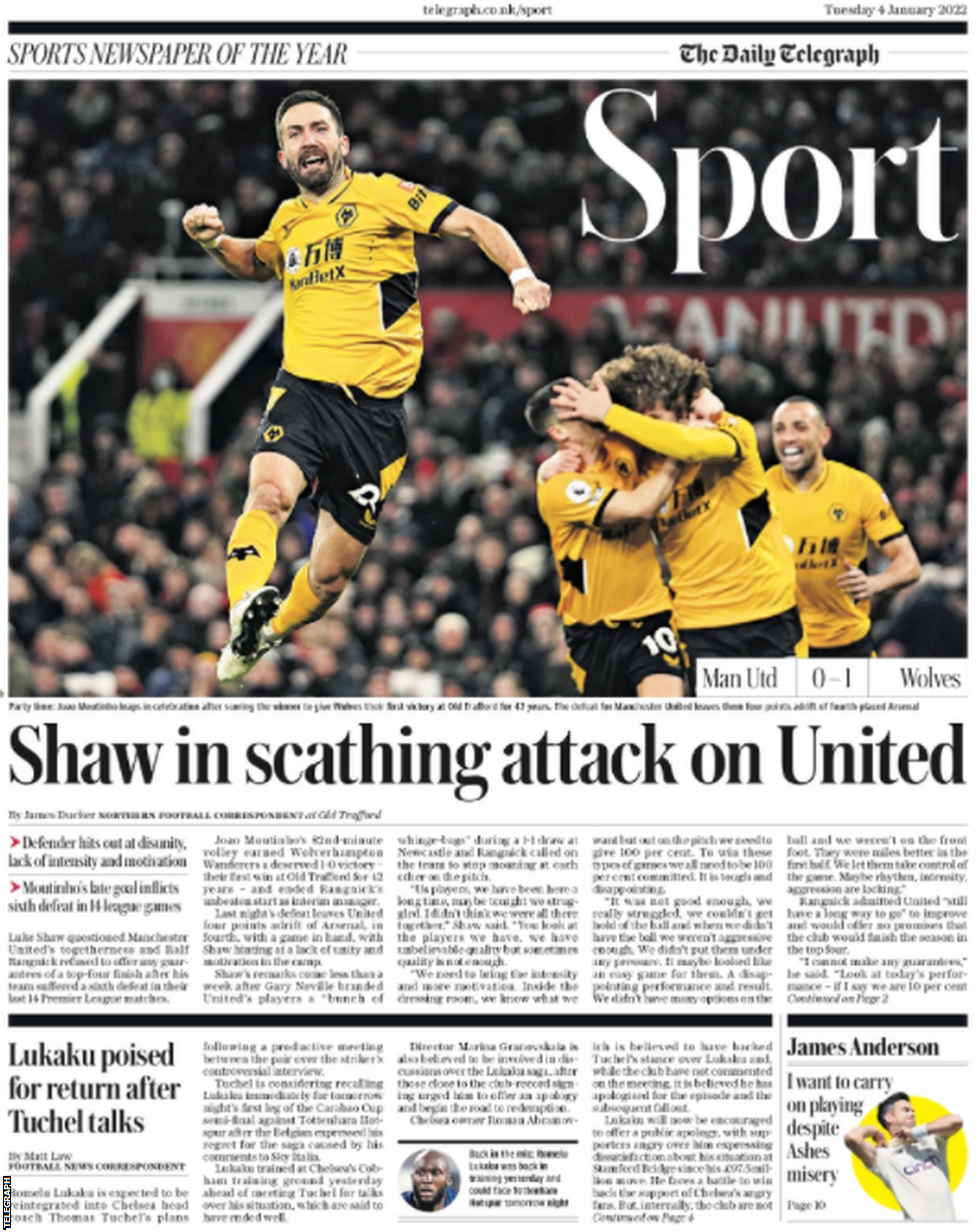 Main sports page of the Telegraph on 4 January 2022