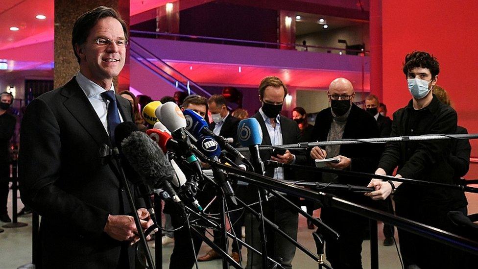 Dutch Prime Minister Mark Rutte reacts to the exit polls in the Netherlands general election in The Hague, Netherlands, March 17, 2021