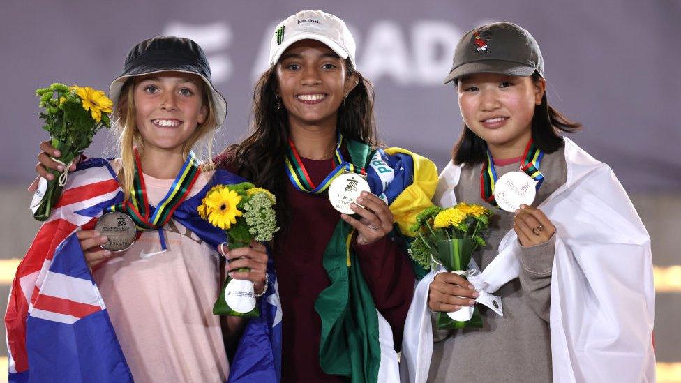 Chloe Covell, Rayssa Leal of Brazil and Momiji Nishiya