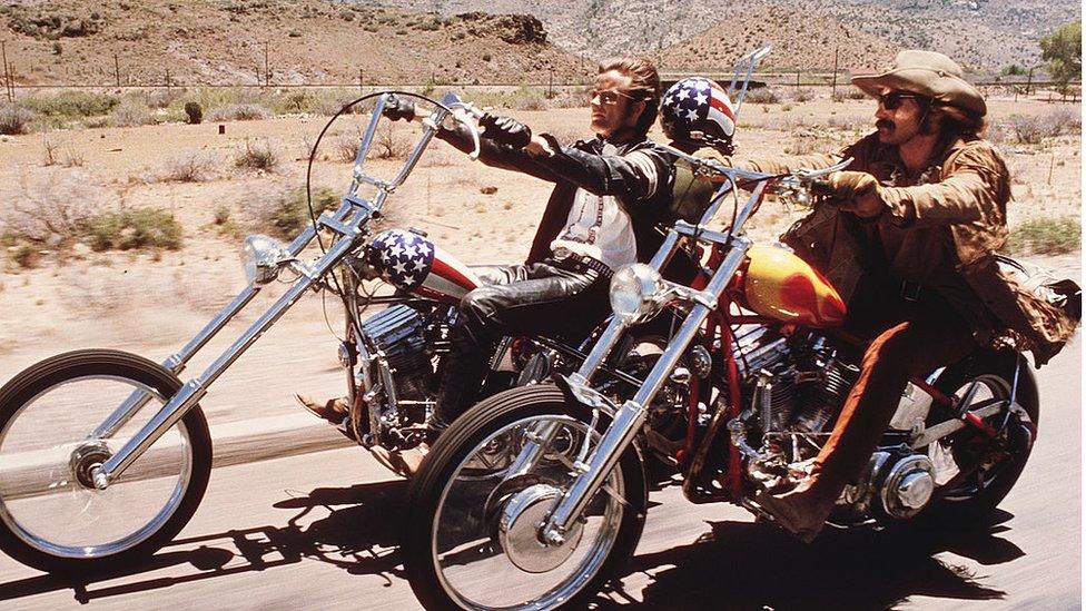 Dennis Hopper and Peter Fonda ride Harley-Davidsons in a scene from the film Easy Rider.