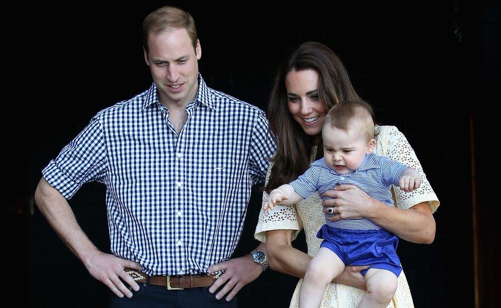 Catherine, Duchess of Cambridge holds Prince George of Cambridge as Prince William, Duke of Cambridge looks at Taronga Zoo in Sydney (April 2014)