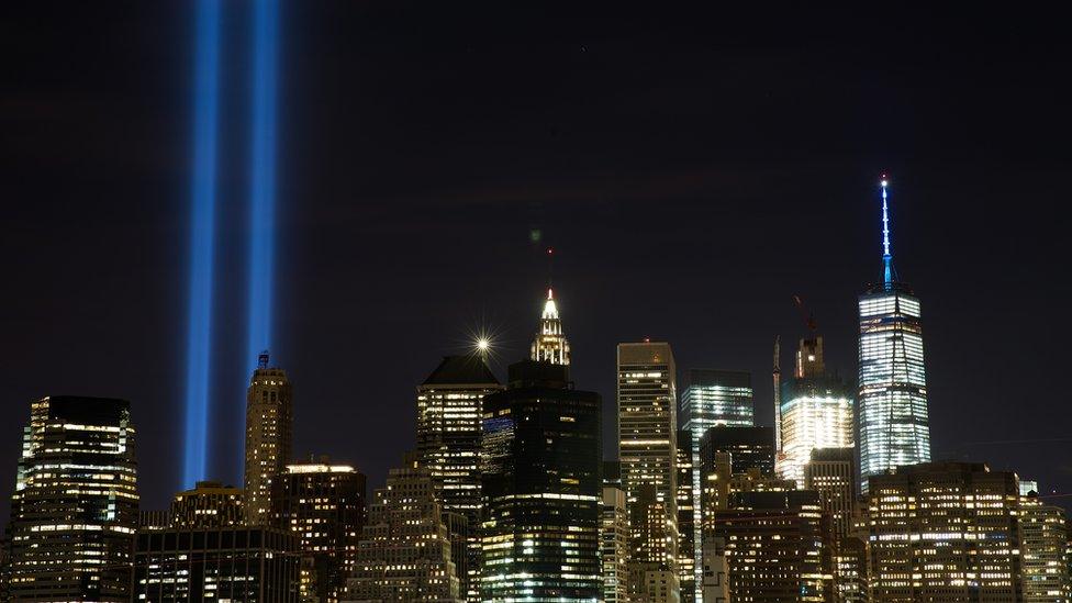 The 'Tribute in Light' illuminates the skyline of Lower Manhattan on 11 September, 2016 in New York City.