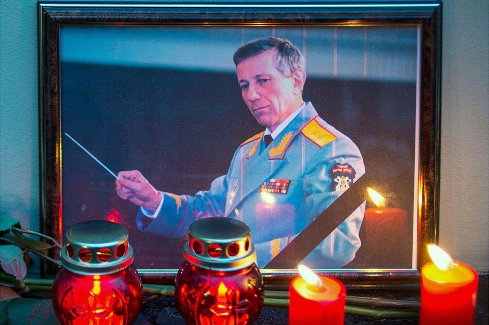 Candles/portrait of conductor Valery Khalilov at Alexandrov Ensemble building in in Moscow