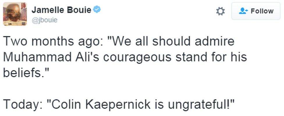 A tweet reads: Two months ago: 'We all should admire Muhammad Ali's courageous stand for his beliefs.'