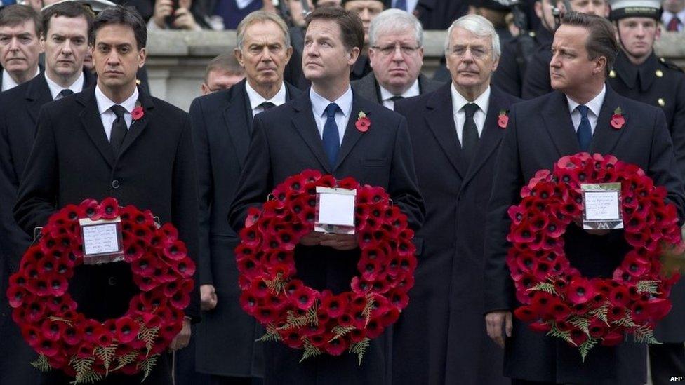 Ed Miliband (left), Nick Clegg (centre) and David Cameron at last year's Remembrance Sunday service at the Cenotaph