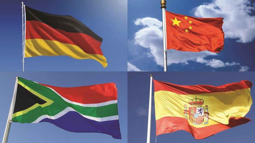 Germany, China, Spain, South Africa flags