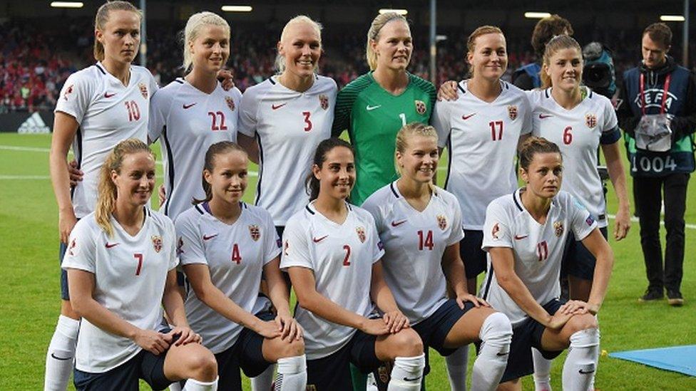 Norway's national football team players (bottom, from L) Ingrid Schjelderup, Guro Reiten, Ingrid Wold, Ada Hegerberg, Nora Holstad Berge, (top, from L) Caroline Graham Hansen, Ingrid Marie Spord, Maria Thorisdottir, Ingrid Hjelmseth, Kristine Minde and Maren Mjelde pose ahead of the UEFA Women's Euro 2017 football match between Norway and Denmark at Stadion De Adelaarshorst in Deventer on July 24, 2017