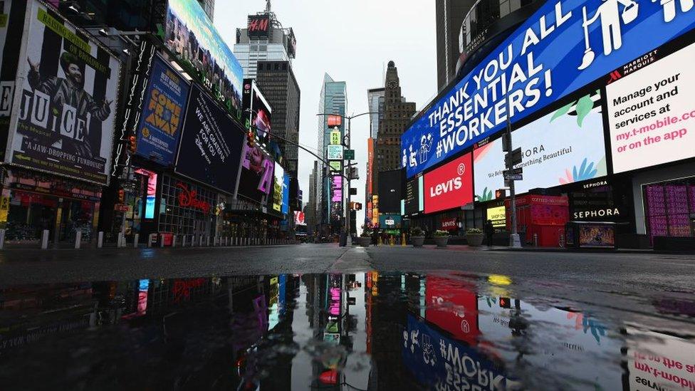 A view of a nearly empty Time Square on April 09, 2020 in New York City