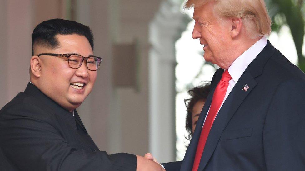 Kim Jong-un and Donald Trump shake hands in Singapore