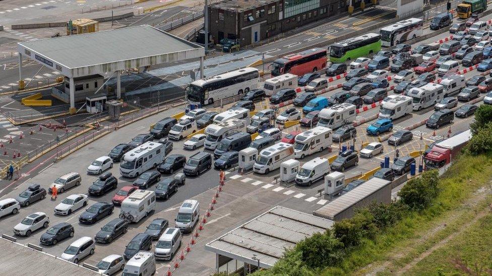 Queues of traffic at Dover on 22 July as people waited to get through French border control to get to mainland Europe