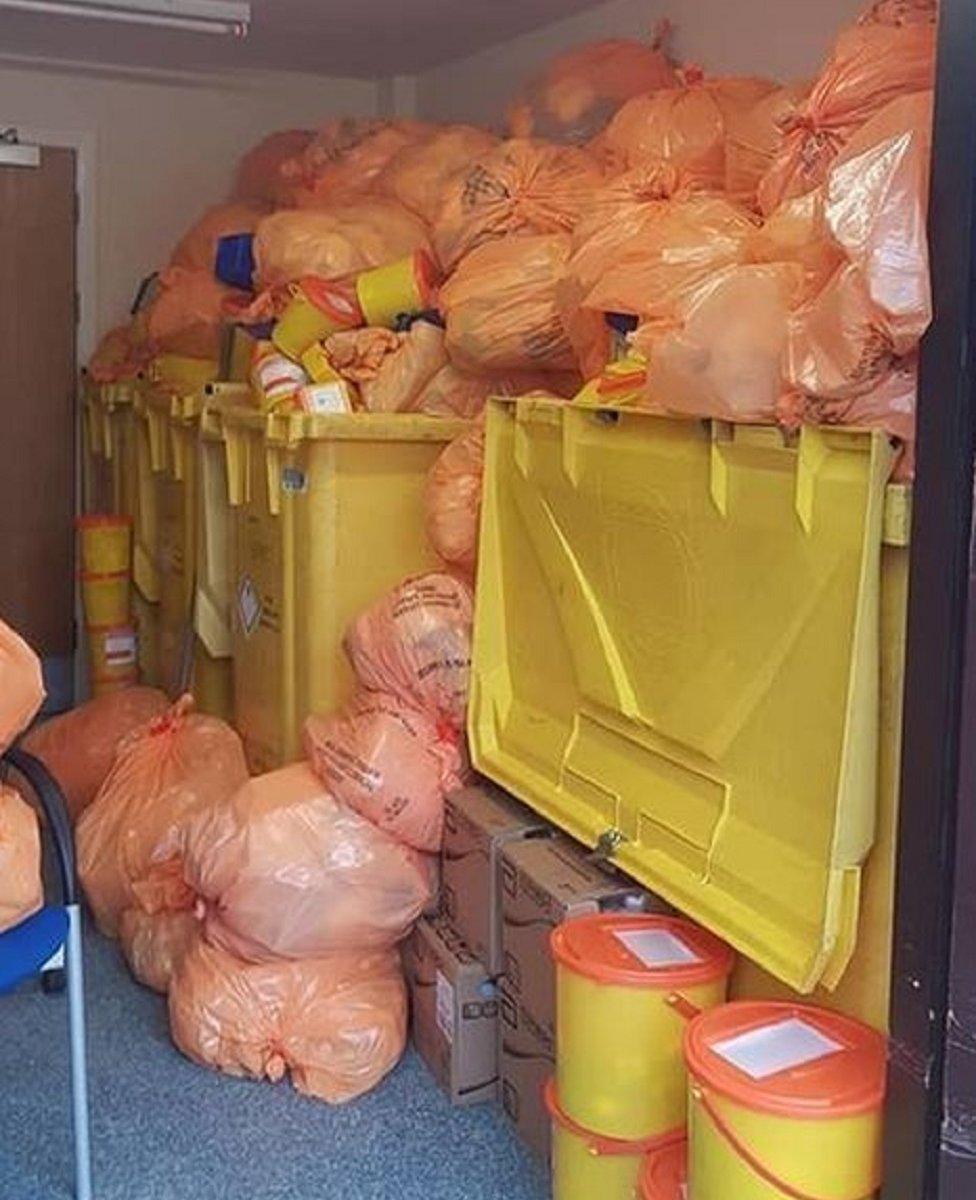 Clinical waste, which has now been collected, at Coatbridge health centre.