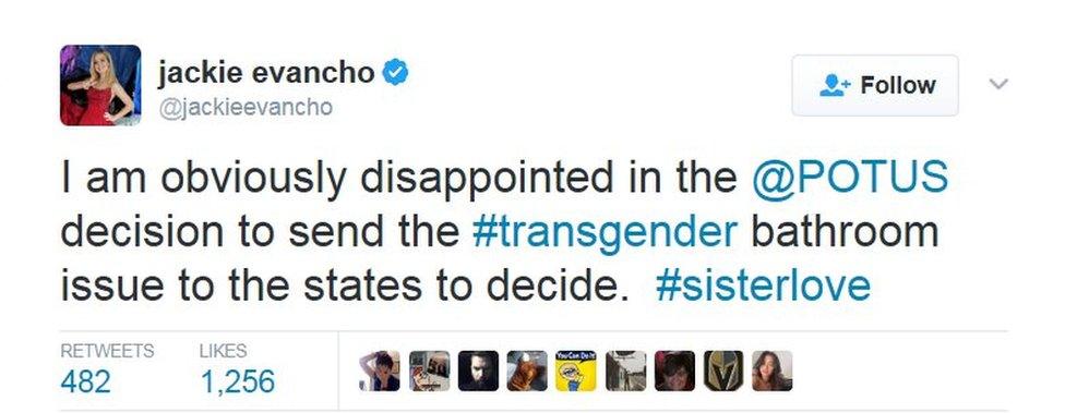 Twitter post by Jackie Evancho: "I am obviously disappointed in the @POTUS decision to send the #transgender bathroom issue to the states to decide #sisterlove"