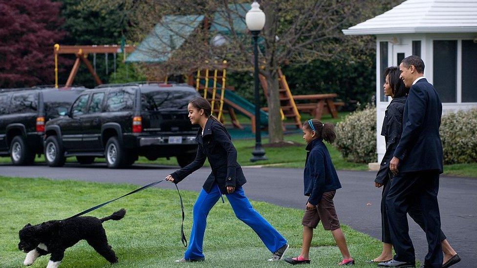 Obama family with dog, Bo