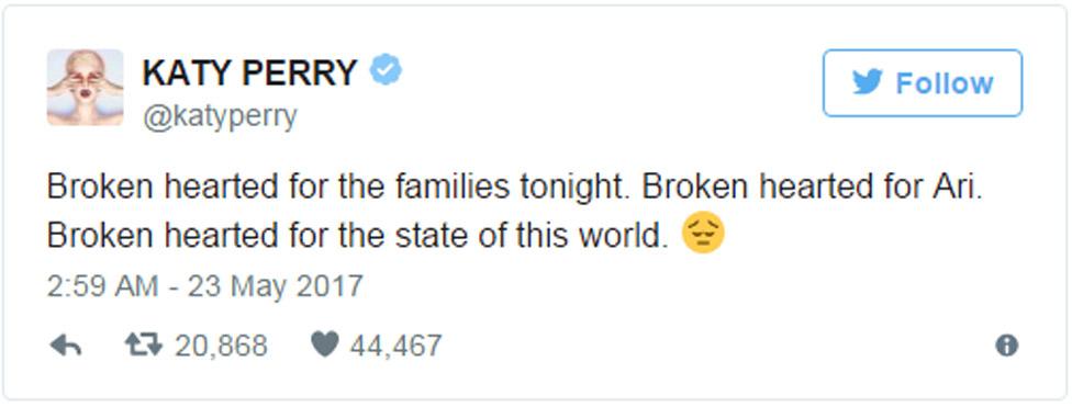 Katy Perry tweet: "Broken hearted for the families tonight. Broken hearted for Ari. Broken hearted for the state of this world."