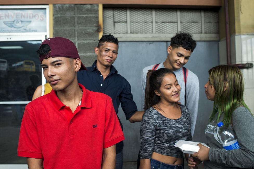 From left to right: Kevin, Juan Carlos, Keida, Elvis and Isis took a bus to Guatemala in the hope of joining the caravan there