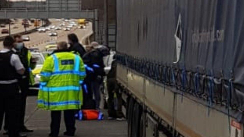 The lorry close to a busy stretch of the M25