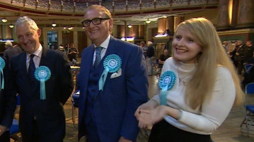 The Brexit Party winning MEPs (from left) Jake Pugh, John Longworth and Lucy Harris