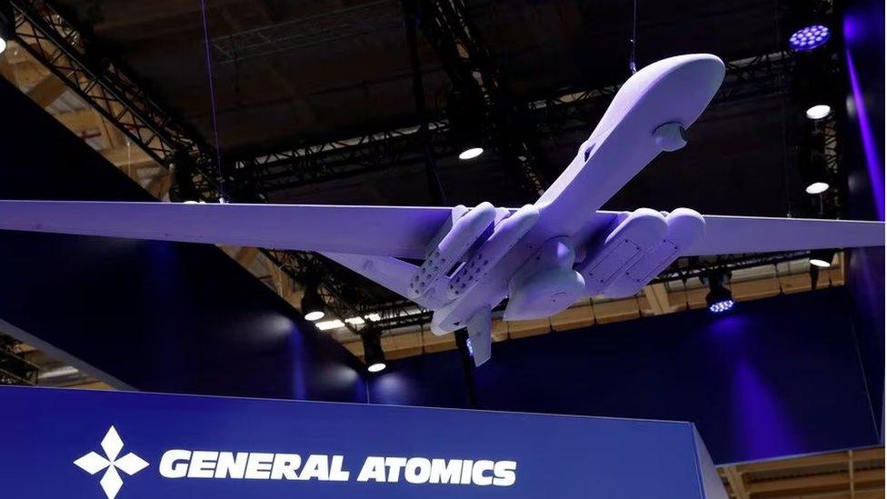 A model MQ-9B manufactured by General Atomics is displayed at the 54th International Paris Airshow at Le Bourget Airport near Paris, France, June 21, 2023.