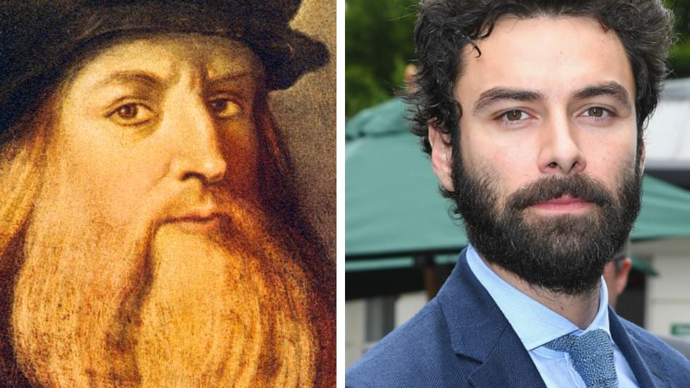 A portrait of Leonardo da Vinci and a photograph of Aidan Turner