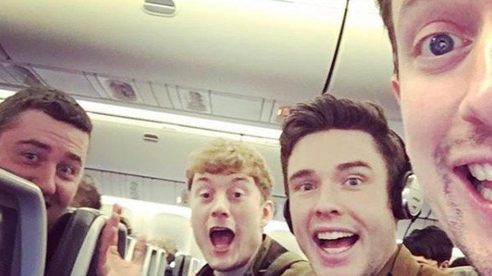 Lloyd Langford, left, James Acaster, Ed Gamble, and John Robins