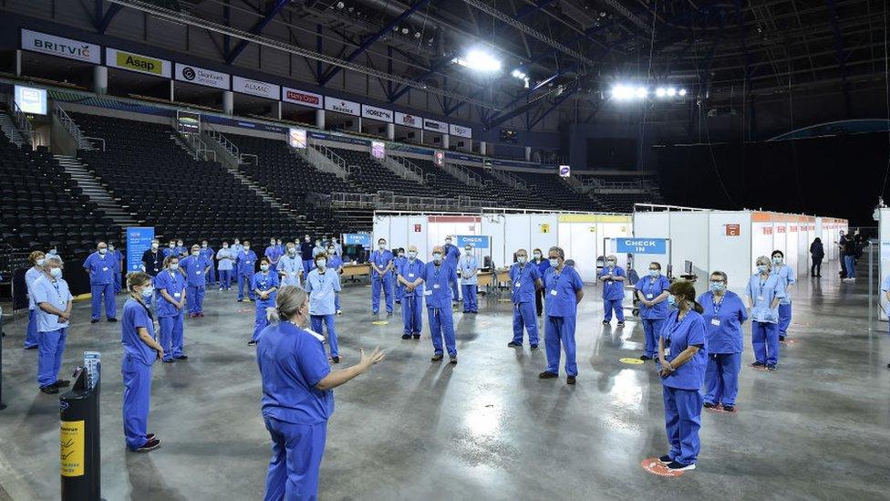 A view of the huge arena turned mass vaccination centre