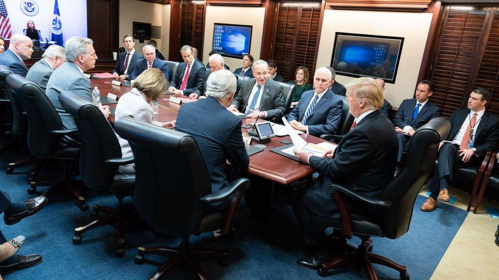 President Donald J. Trump, joined by Vice President Mike Pence, meets with Republican and Democratic congressional leadership Wednesday, Jan. 2, 2019, in the Situation Room of the White House.